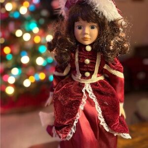 Elegant Red Velvet Doll with Lace Trim